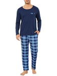 Vlazom Pyjama Homme Hiver Ensemble de Pyjama Col Rond Haut de Pyjama à Manches Longues Pantalon de Pyjama à Carreaux，Bleu Foncé，S