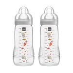 MAM Easy Active Lot de 2 biberons (330 ml) avec tétine MAM Taille 2 en silicone SkinSoft, bouteille de lait avec forme ergonomique, 4 mois et plus, espace