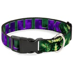 Buckle-Down Collier à Clip en Plastique – Visage Hulk C/U/Pose d'action Vert/Violet – 2,5 cm de Large – Convient pour Tour de Cou de 38,1 à 66 cm – Taille L