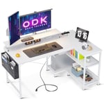 ODK Bureau d'angle Gaming en Forme L avec Port de Charge USB et Prise de Courant, 120*88*80 cm Bureau Angle d'Ordinateur avec Rangement Bureau en Forme de L Informatique avec Support d'écran (Blanc)