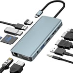 Station d'accueil USB-C,Concentrateur USB-C 12 en 1,Adaptateur Double HDMI+VGA,Station d'accueil pour Ordinateur Portable Multiport 100 W PD,3 * USB3.0 + USB2.0 ¿1000M RJ45(Q426)