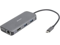 Usb-C Tilkoblingsstasjon Deltaco, 9In1, 3X Usb-A, Sd/Micro Sd, Rj45, Hdmi, Vga, Sølv / Usbc-Hdmi25 / 1902420