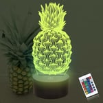 Pineapple 3D Night Light - Fruit Illusion bordslampa med fjärrkontroll 16 färger för jul