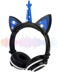 Unicorn Kids Headphones for Girls Boys - Cat Ear LED Headphones Light Up Wired Adjustable Foldable On/Over-Ear Headphone for Game Travel Headset School Birthday Gift (Black)