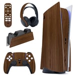 PlayVital Wood Grain Full Set Skin Decal for PS5 Console Disc Edition, Sticker Vinyl Decal Cover for PS5 Controller & Charging Station & Headset & Media Remote