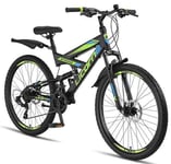 Licorne Bike Strong D 26 Inch Mountain Bike Fully, 21 Speed Gears - Black/Lime