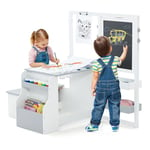 GOPLUS Bureau Enfant avec Rangement, Tableau Chevalet Enfant Double Face Ajustable, Table d'Activité avec Banc, Rouleau de Papier, Tableau Blanc/Noir, Bureau Enfant Fille Garcon 3+Ans, Gris Clair