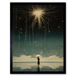 Falling Star Rain Dreamy Artwork Bright Star Wish Woman with Umbrella Fairytale Dreamscape Art Print Framed Poster Wall Decor 12x16 inch