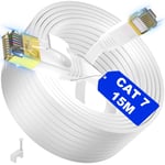 15m Cable Ethernet Cat 7, Blindé Cable RJ45 15m Câble Réseau Haut Débit, Plat Blanc Cable Internet 15 mètres S/FTP Cable LAN, Gigabit Patch Cable Ethernet 15m pour Routeur Switch Modem PC (15.[G2865]