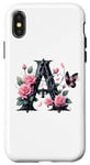 Coque pour iPhone X/XS Letter A Initial Floral Monogram Rose Pink Flower Butterfly