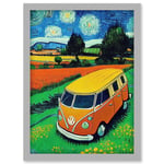 Hippie Van In Meadow Under Starry Night Painting Van Gogh Artwork Framed Wall Art Print A4