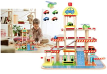 Boîte Garage en Bois 3 Étages Set Jeu Circuit Machines pour Enfants + Véhicules