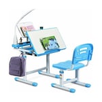 Set Bureau et Chaise pour Enfants avec Lampe LED,Bureau Inclinable 0°-40°,Hauteur Réglable,Charge Maximale 80KG Bleu - Costway
