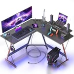 Gaming Bureau d'angle avec LED Multiprise Intégrée - 128x128cm Table Gamer Informatique Forme L, LED Ruban Support d'écran, Crochet Casque pour Etudier Jouer Travailler Chambre Domicile Salon