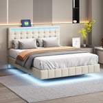 Redom - Lit rembourré 140 x 200 cm, cadre de lit flottant rembourré avec lumières led et tête de lit design, lit d'appoint plat en lin doux pour la