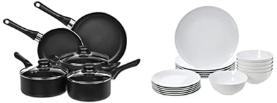 Amazon Basics Batterie de cuisine anti-adhésive 8 pièces & Service de table 18 pièces - Porcelaine blanche coupée, pour 6 personnes