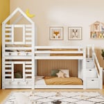 Lit enfant Treehouse avec tiroir et protection antichute 90 x 200 cm, lit mezzanine pour enfant - 2x sommiers à lattes - blanc OKWISH - Escaliers