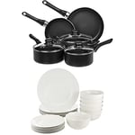 Amazon Basics Batterie de cuisine anti-adhésive 8 pièces & Amazon Basics Service de table en porcelaine pour 6 personnes 18 pièces