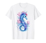 Watercolor Seahorse And Flowers Blue Pink White Artistic T-Shirt