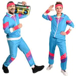 Aomig Déguisement Année 80 Homme Femme Costume Années 80 Survêtemen, Rétro Disco Hippie Survêtement Veste Pantalon Accessoire Bandeau Protège-poignets pour Carnaval Halloween Fête Bad Taste(Bleu-M)