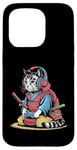 Coque pour iPhone 15 Pro Japon Kawaii Cat Samurai Casque Casque Manette de Jeu Vidéo