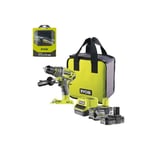 Pack RYOBI Perceuse-visseuse percussion R18PD7-252S Brushless - 2 batteries 5.0 - 2.0Ah - Chargeur - Coffret 69 accessoires perçage