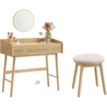 Coiffeuse avec Tabouret, avec Éclairage, Pouf Rond, Style Bohème, bohoven Collection, pour Chambre, pour Chambre, Beige Chêne et Blanc Crème