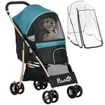 PawHut Dog Stroller with Rain Cover, Foldable Dog Pram, 4 Wheels Pet Pushchair with Safety Leashes, for Small, Miniature Dogs, Cats - Dark Green