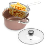 Vision4ever 4-in-1 Stove Top Chip Pan Deep Fat Fry Fryer Stew Frying Basket Glass Lid Bake-Rose Gold