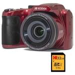 KODAK Pixpro Astro Zoom AZ255 + Carte Mémoire SD 32 Go - Appareil Photo Bridge Numérique 16 MP, Zoom 25X, Video HD 1080p, Grand Angle 24 mm, Ecran LCD 3, Pile AA - Rouge