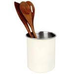 Cream Utensil Holder Kitchen Storage Pot Caddy Metal & Free Acacia Wood Utensils
