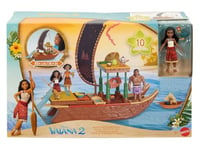 Mattel Disney Oceania 2 Moana Adventure Canoe Playset with Floating Canoe, Moana Mini Doll, 1 Friend Figure, 6 Play Areas and 10 Accessories, 2 Toys, JBT78