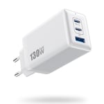 130W Chargeur USB C, 3 Ports PD QC Chargeur Rapide avec GaN III Tech, 65W Chargeur Laptop Compatible avec MacBook Pro/Air, ThinkPad, Dell XPS, iPad Pro, iPhone 16/15/14, Galaxy S23/S22,SteamDeck-Blanc