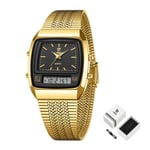 Nytt Mode Casual Watch Herr Digital Dual Time Week Guld Sport 3bar Vattentät Quartz Armbandsur Klocka relogio masculino L1030 Black with box