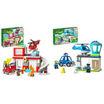 LEGO 10970 DUPLO Fire Station & Helicopter Playset, with Push & Go Truck Toy for Toddlers & 10959 DUPLO Rescue Police Station Push & Go Car Toy with Lights and Siren plus Helicopter