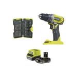 Pack RYOBI Perceuse Visseuse R18DD2-0 - 18V One+ - 1 batterie 2.0Ah - 1 chargeur rapide RC18120-120 - Coffret antichocs 40 embouts de vissage