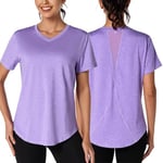 Gyabnw Gym Tops for Women UK Back Mesh V Neck Loose Fit Yoga Running Top Lightweight Moisture Wicking Short Sleeve for Ladies Purple