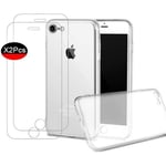 4,7" Coque Apple iPhone 7/8 Transparente + 2x Film de protection écran en Verre trempé HD,Silicone étui Protecteur Bumper