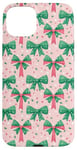 iPhone 15 Plus Green Bows On Pink Preppy Christmas Festive Pattern Case