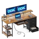 ODK Bureau avec 4 Tiroirs, Bureau d'ordinateur avec Prise de Charge USB et Prise de Courant, Bureau Gaming Bureau Informatique avec Étagères Réglable pour Domicile (Marron,140x52x92cm)