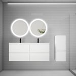 Ensemble meuble double vasque L.120cm 4 tiroirs + lavabo + 2 LED miroirs rond 60cm + colonne,blanc moderne