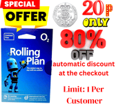 NEW LATEST ROLLING PLAN O2 Sim Card PAYG- Pay As You Go 02+EU ROAMING up to 25GB