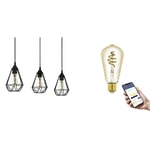 Eglo Suspension luminaire vintage Tarbes, lampe de plafond suspendue style industriel avec 3 ampoules LED E27 connectées connect.z, lustre dimmable, acier noir, blanc chaud-froid, 79 cm