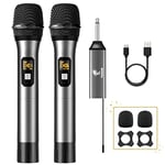 TONOR Microphone sans Fil, Système UHF de Micro Dynamique à Main Double en Métal avec Récepteur Rechargeable pour Karaoké, Mariage,DJ, Fête, Discours, Église, Classe, 60m (TW630), Gris