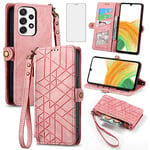 Asuwish Phone Case for Samsung Galaxy A33 5G Wallet Cover with Tempered Glass Screen Protector and Wrist Strap Leather Flip Zipper Credit Card Holder Stand Cell Accessories A 33 33A Women Men Pink