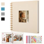 DazSpirit Album Photo Scrapbooking en Lin, 20,5 x 20,5 cm, Livre Photo avec 60 Pages Blanches et 5 Autocollants, Design avec Fenêtre, Cadeau pour Les Voyages en Famille, Mariage, Anniversaire (Beige)