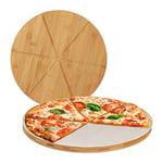 Relaxdays Bamboo Pizza Board, Set of 2, Round Serving Plate, 33 cm Ø, incl. Baking Paper, Server with Grooves, Natural