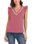 Dilgul Blouse Top Débardeur Femme Été sans Manches Volants Chemisier Col V Chemise Décontractée Tops,Rose,M