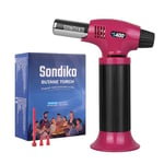 Sondiko Blow Torch S400, Refillable Kitchen Blow Torch, Fit All Butane Tanks Butane Torch with Safety Lock and Adjustable Flame for Desserts, Creme Brulee, and Baking (Butane Not Included), Pink