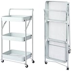 Megashopitalia Chariot de Cuisine Pliable Multifonction avec poignée 3 étagères, paniers 4 roulettes et Frein intégré en métal, Chariot économise de l'espace, Blanc